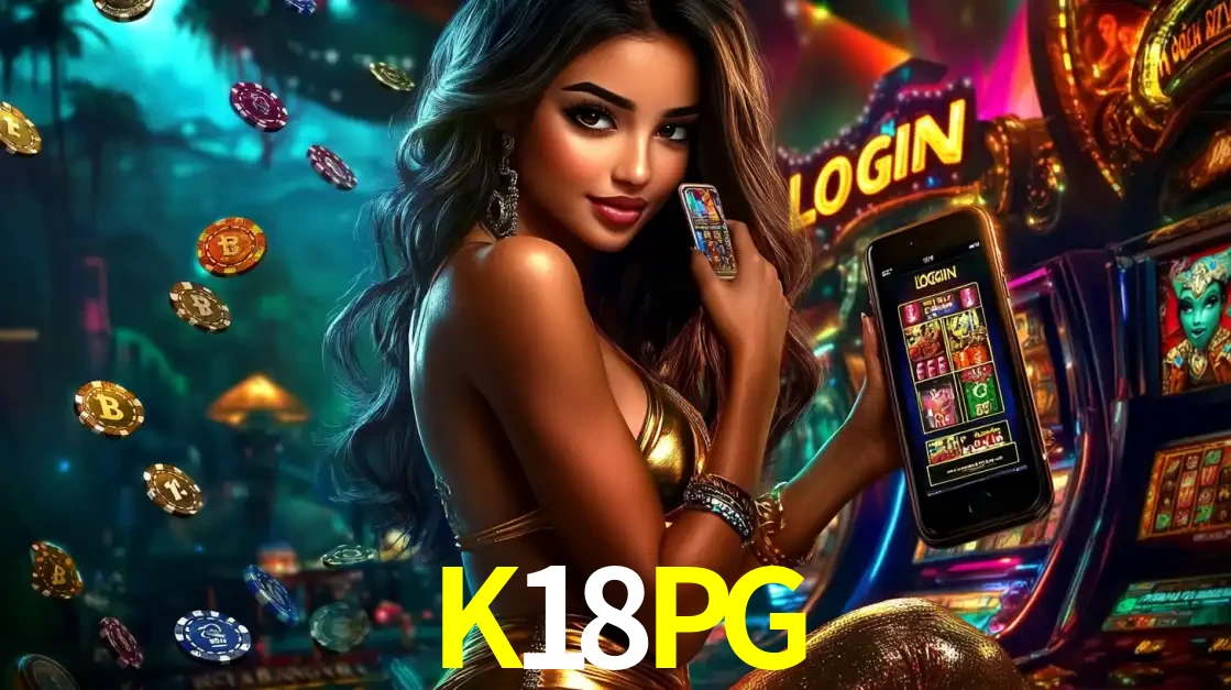 Mulher em um cenário de cassino temático de aventura, mostrando o app de caça-níqueis da K18PG no celular. Fichas de apostas flutuam ao redor.